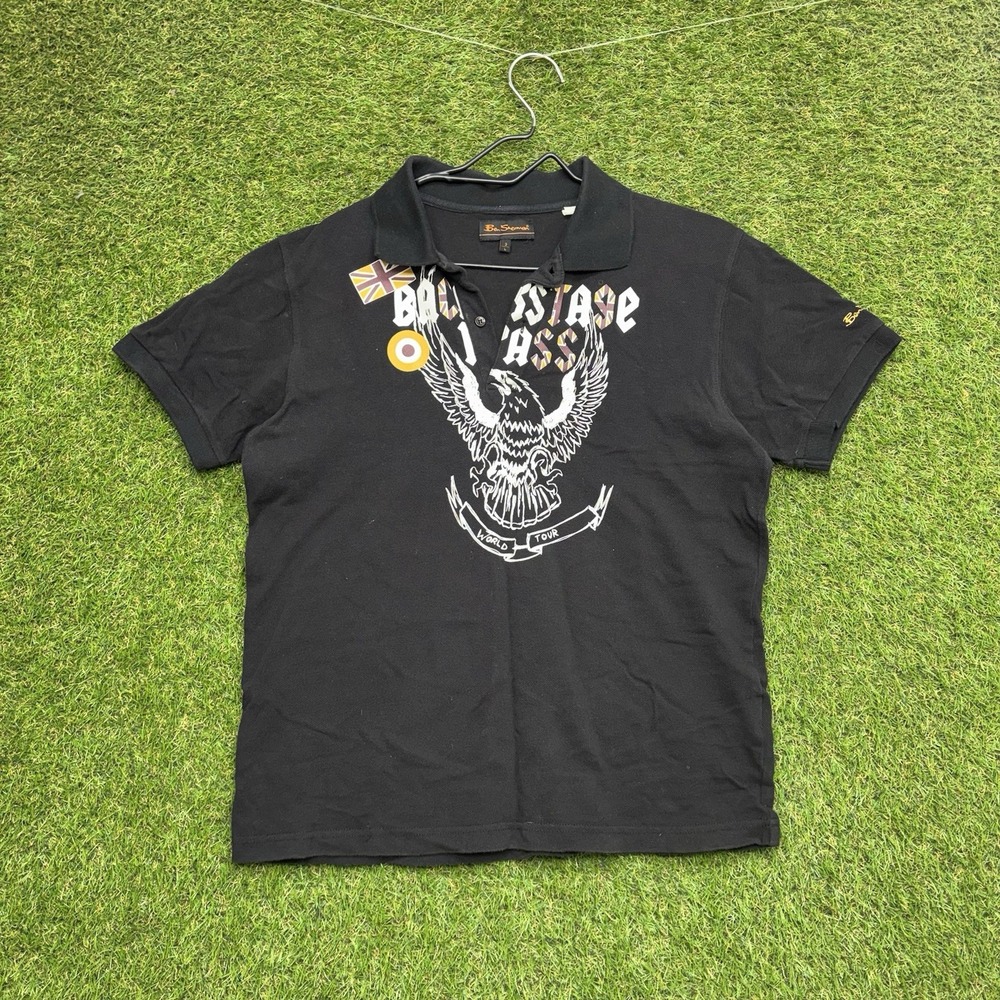 Ben Sherman y2k Polo Shirt Mens Large 3 Short Sleeve Henley Eagle Wings Grunge